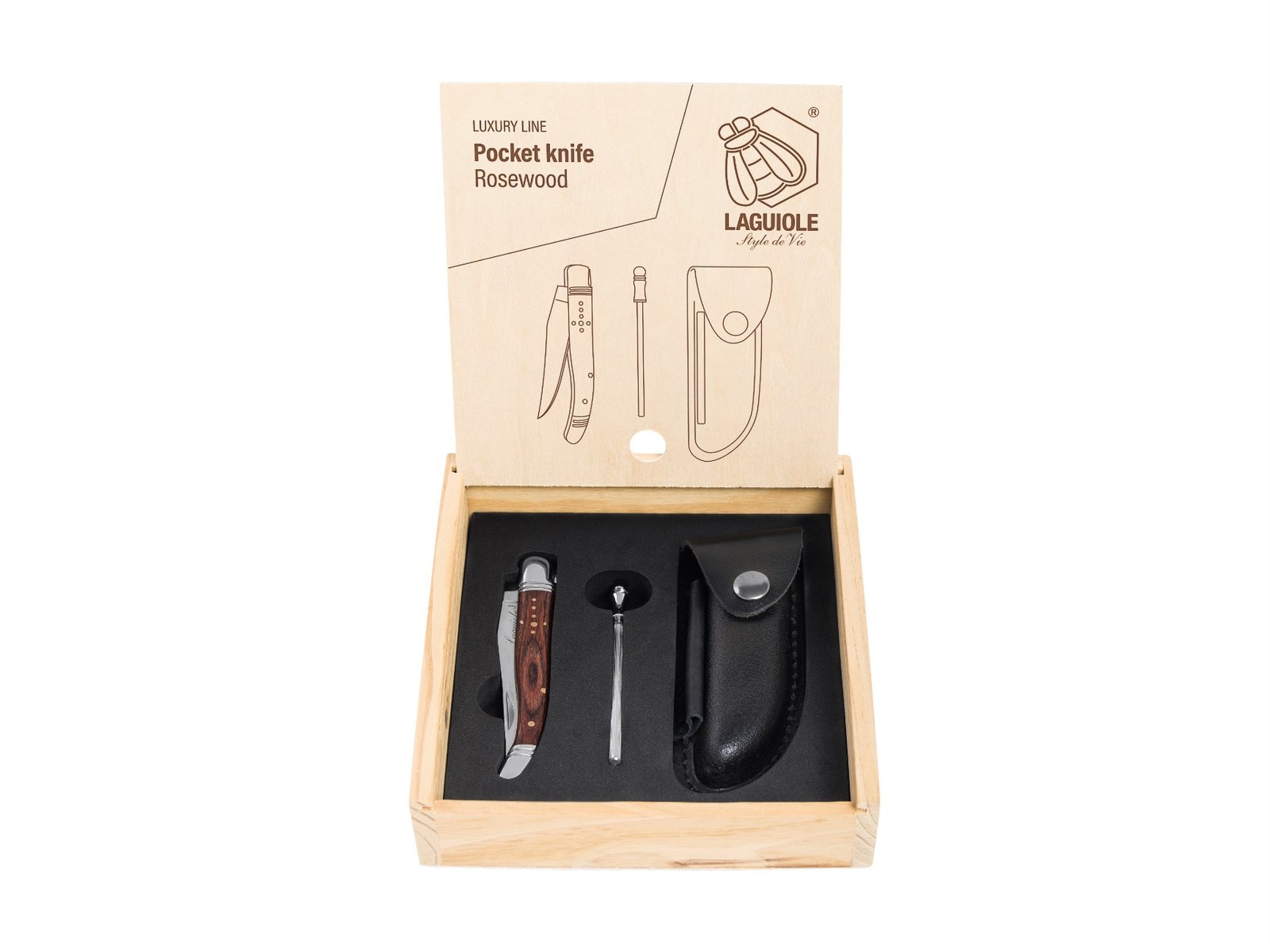 ZakmLeerRoos_PR (1) groot Rose Wood Pocket Knife with Leather Pouch and Sharpener | Laguiole Luxury Line