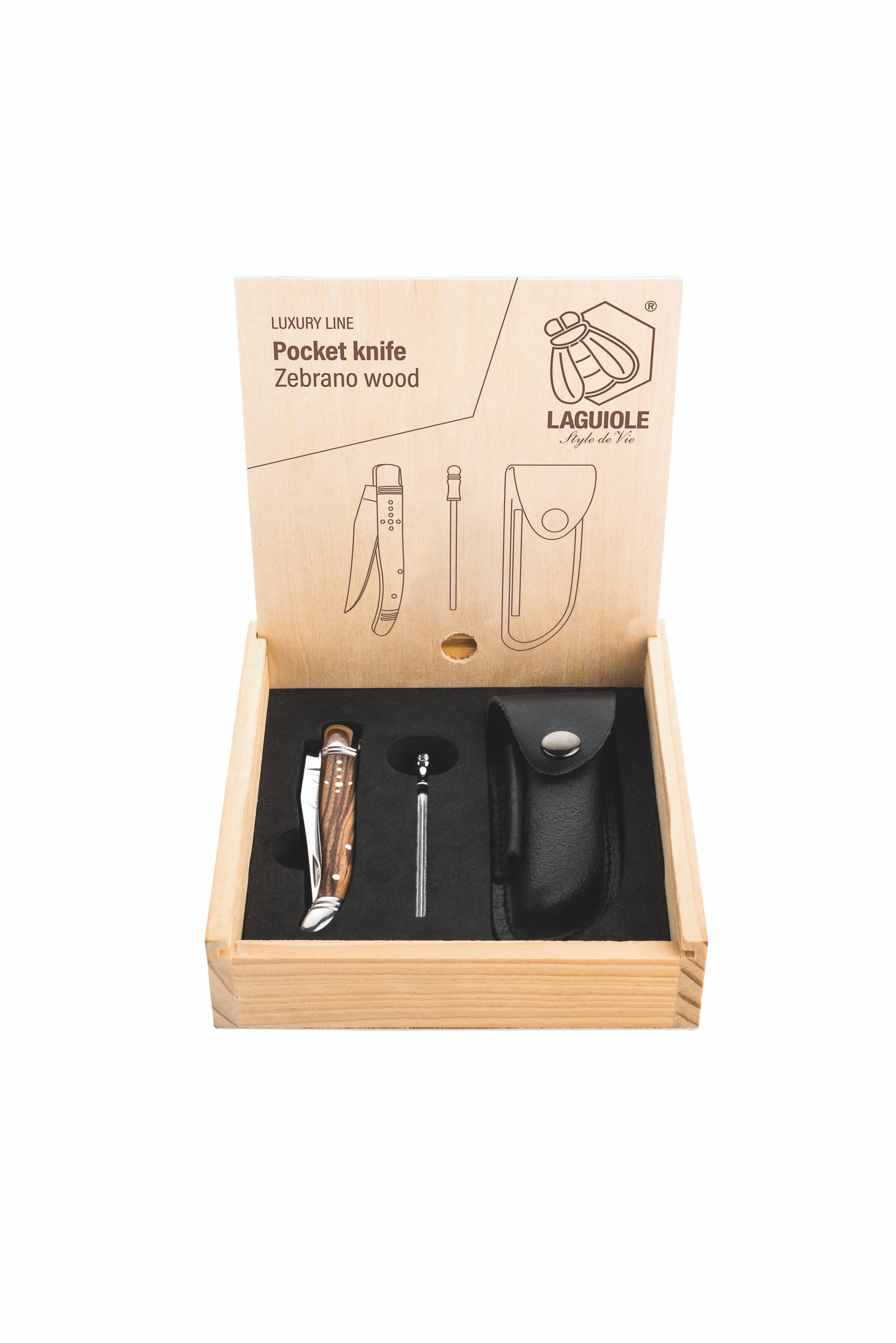 ZakmLeerZebrano_PR (1) Zebrano Wood Pocket Knife with Leather Pouch and Sharpener | Laguiole Luxury Line