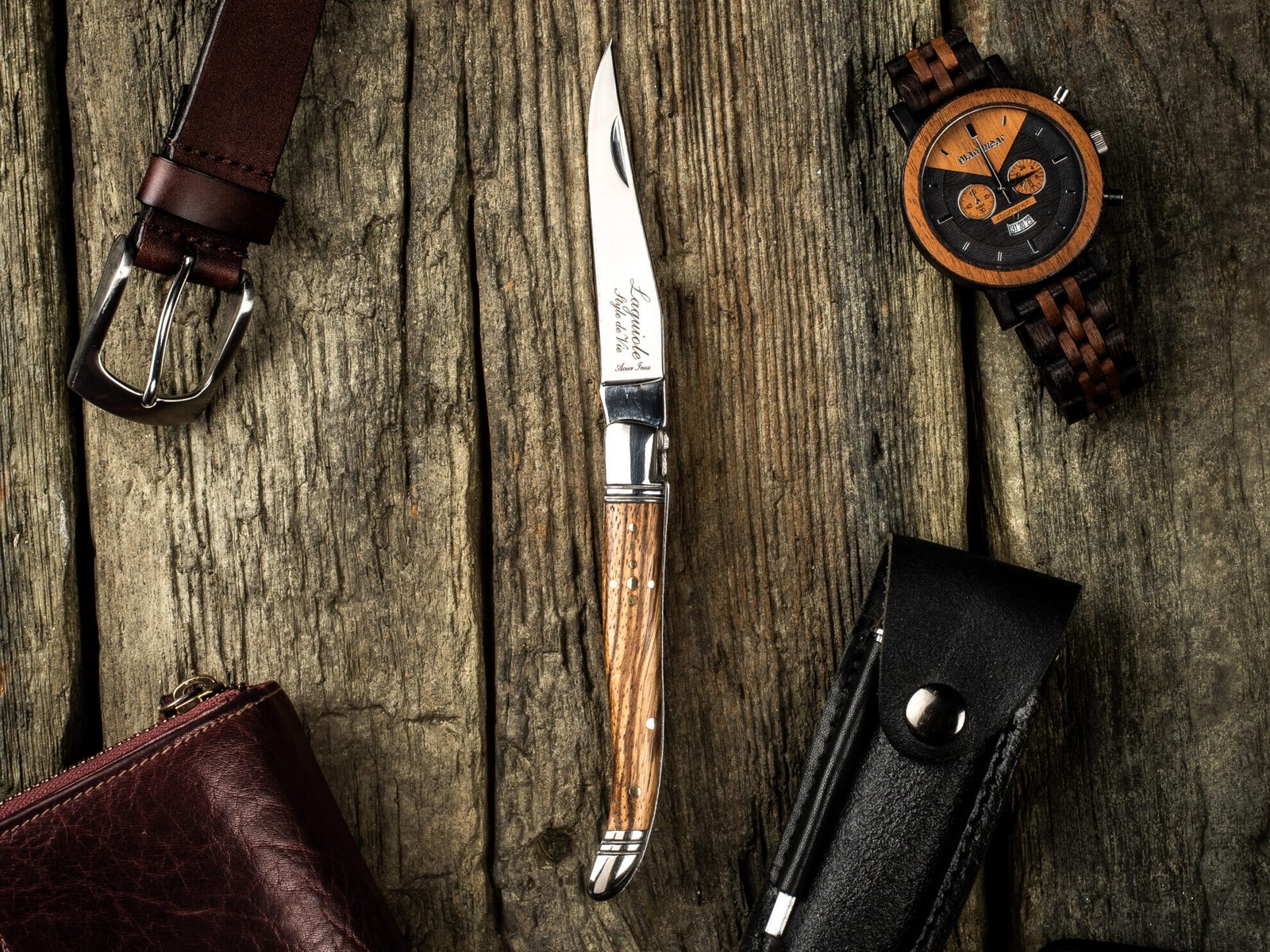 ZakmLeerZebrano_SF (2) Zebrano Wood Pocket Knife with Leather Pouch and Sharpener | Laguiole Luxury Line